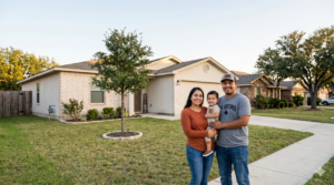 Family in front of house