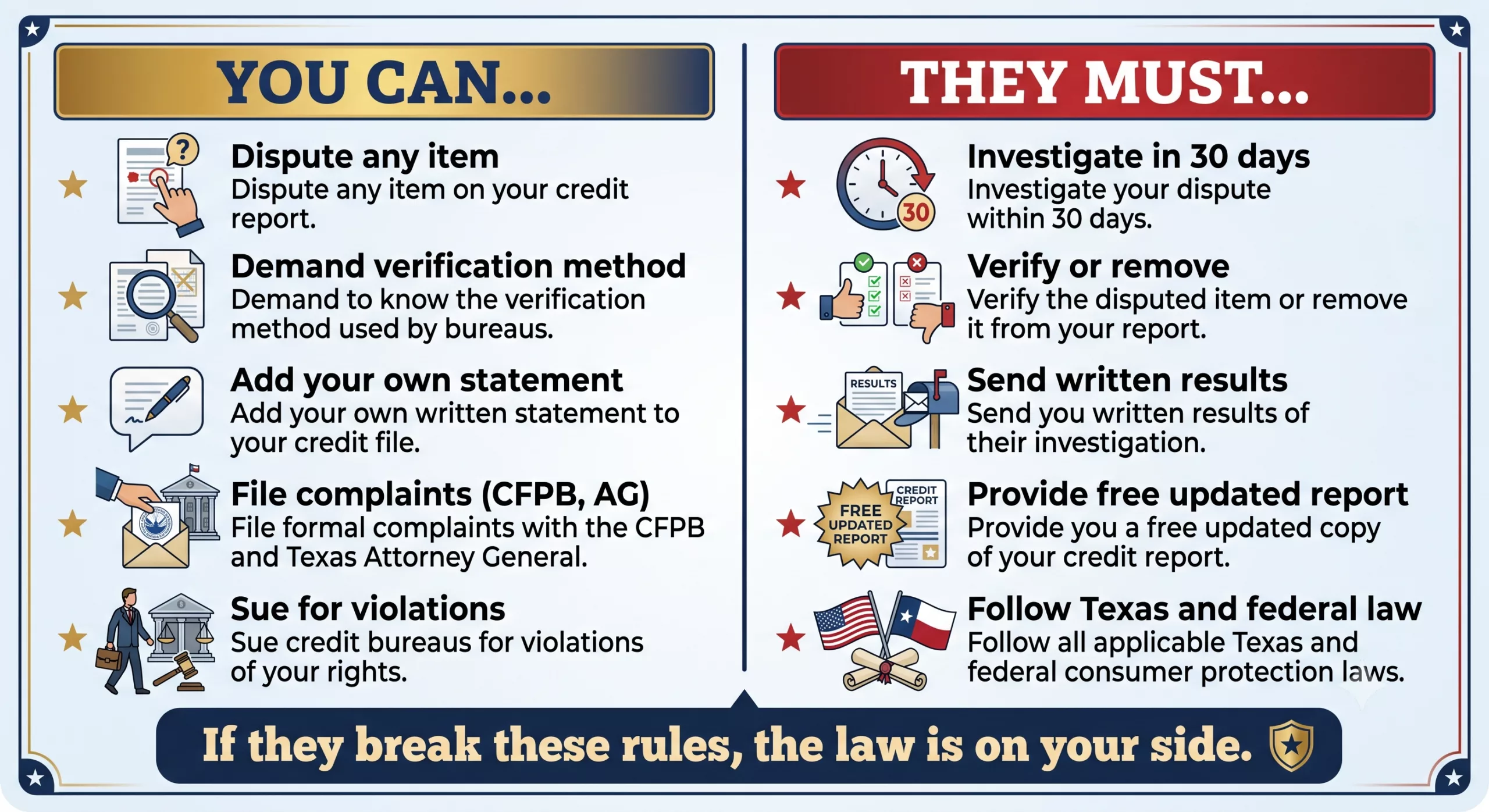 texas-credit-report-rights-vs-obligations.png Texas consumer rights and credit bureau obligations comparison